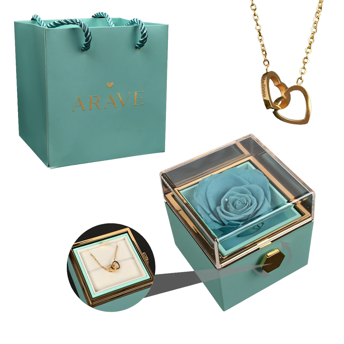 Rosenbox mit gravierter Halskette